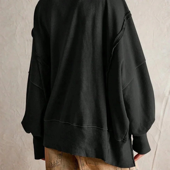 Black Casual Women's Split Lantern Sleeve Polo Collar Sweatshirt - Picture 2 of 3